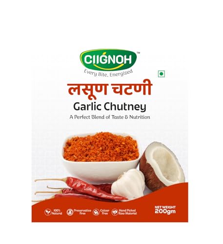 A CIIGNOH | Garlic Chutney 200GM | Lasun Chutney | Lasun Chuteny Ideal with Jawar Bhakri, Wheat Bread, Idli, Dosa & Vada Pav | Ready-to-Eat Chutney